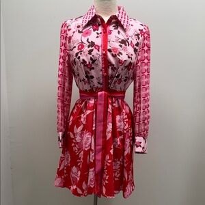 Sunday Up Mixed Print Shirt Dress Belted Mini Floral Button Front SZ L NWT
